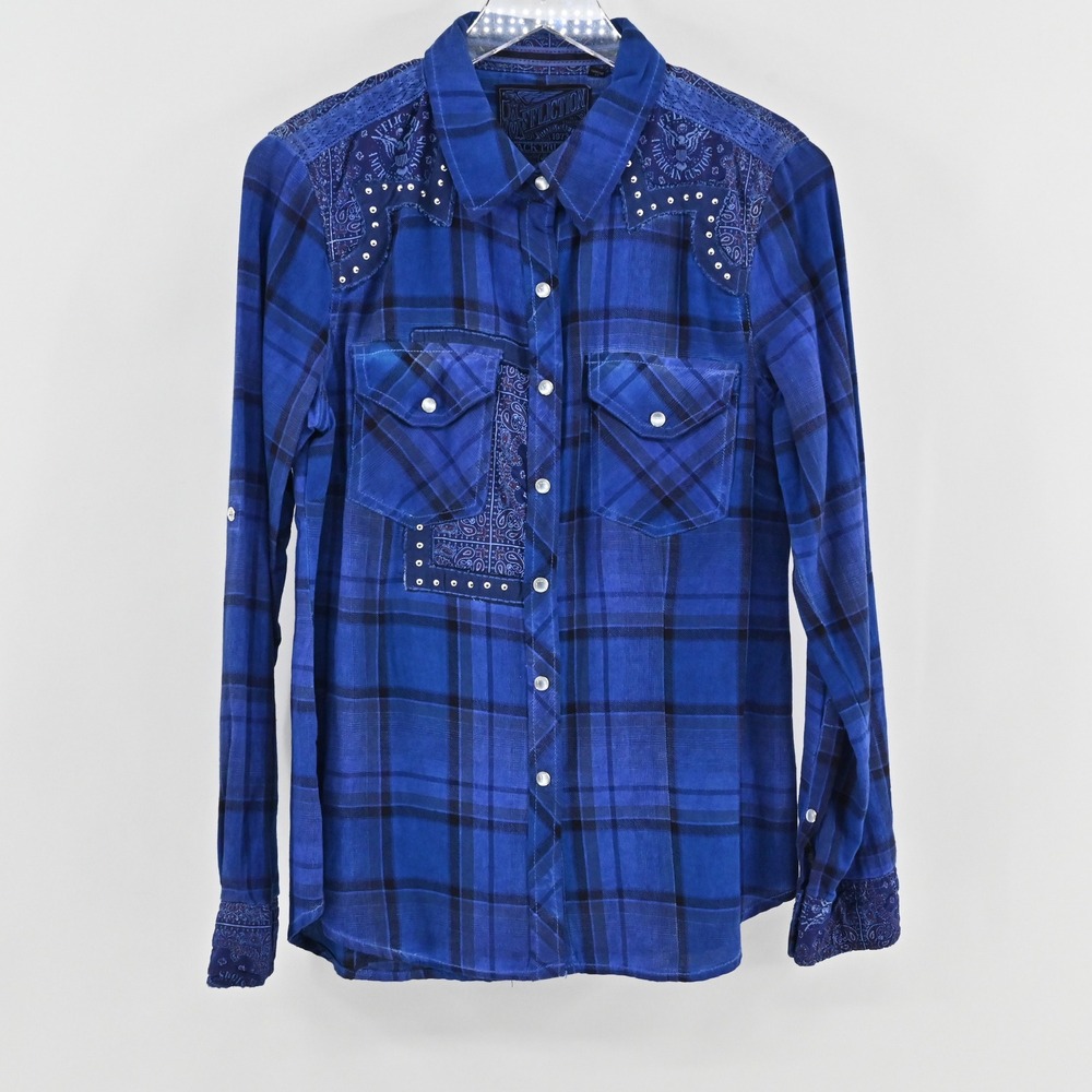 Affliction Womens Premium Canter Shirt Size L Western Pearl Snap Plaid Studded